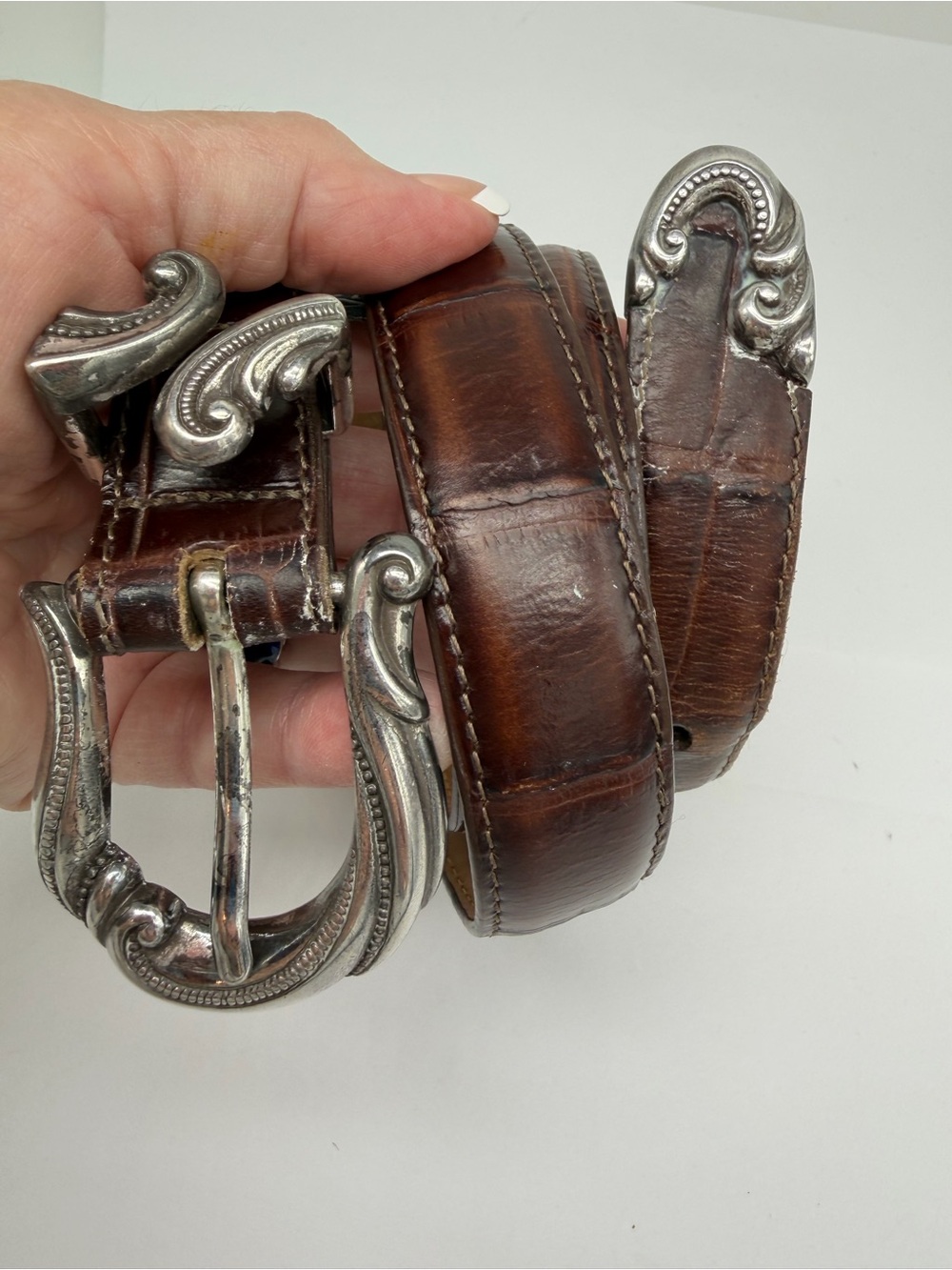 BRIGHTON Women’s Brown Leather Western Belt with Ornate Silver Buckle